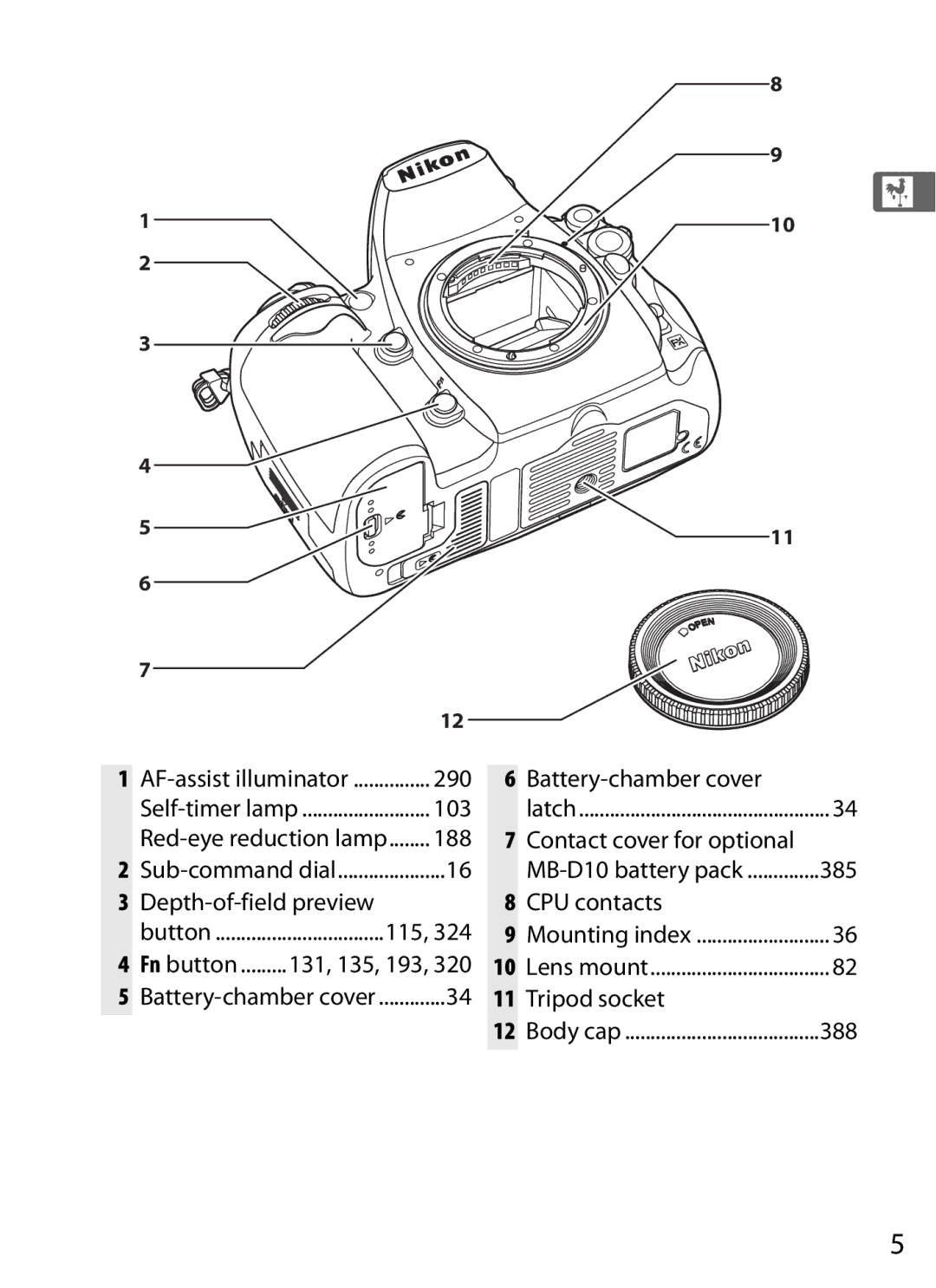 Nikon D700 manual Battery-chamber cover, Contact cover for optional, Depth-of-field preview CPU contacts, Tripod socket 