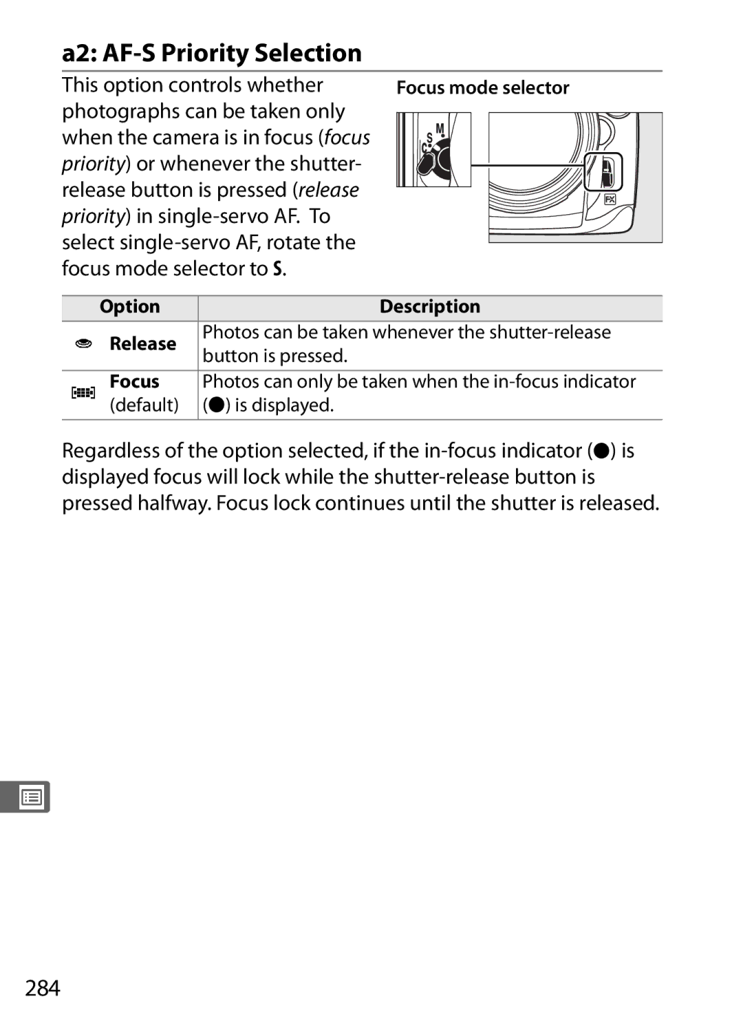 Nikon D700 manual A2 AF-S Priority Selection, 284, Select single-servo AF, rotate the focus mode selector to S 