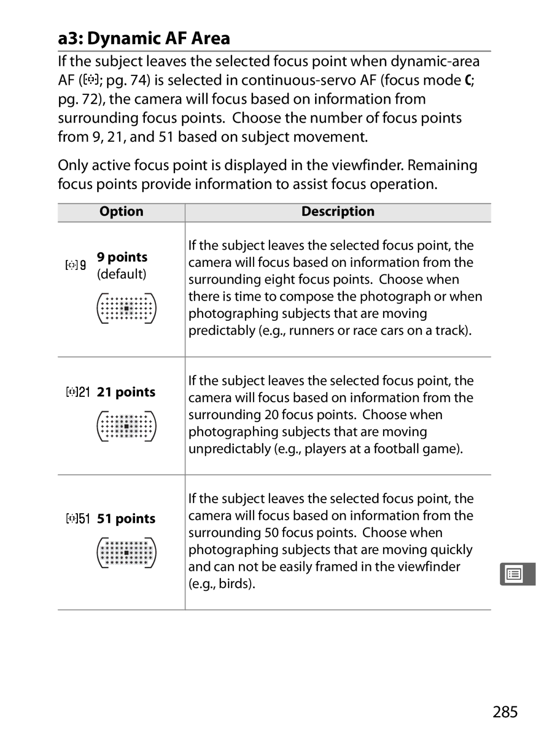 Nikon D700 manual A3 Dynamic AF Area, 285, OptionDescription Points, Default Surrounding eight focus points. Choose when 