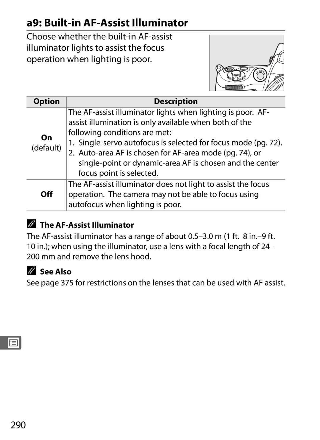 Nikon D700 manual A9 Built-in AF-Assist Illuminator, 290 