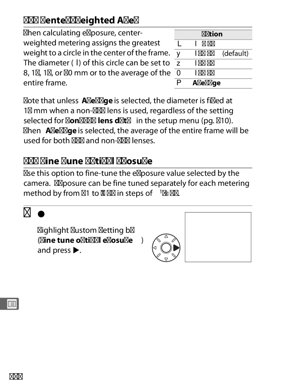 Nikon D700 manual B5 Center-Weighted Area, B6 Fine Tune Optimal Exposure, Select Custom Setting b6, 294 