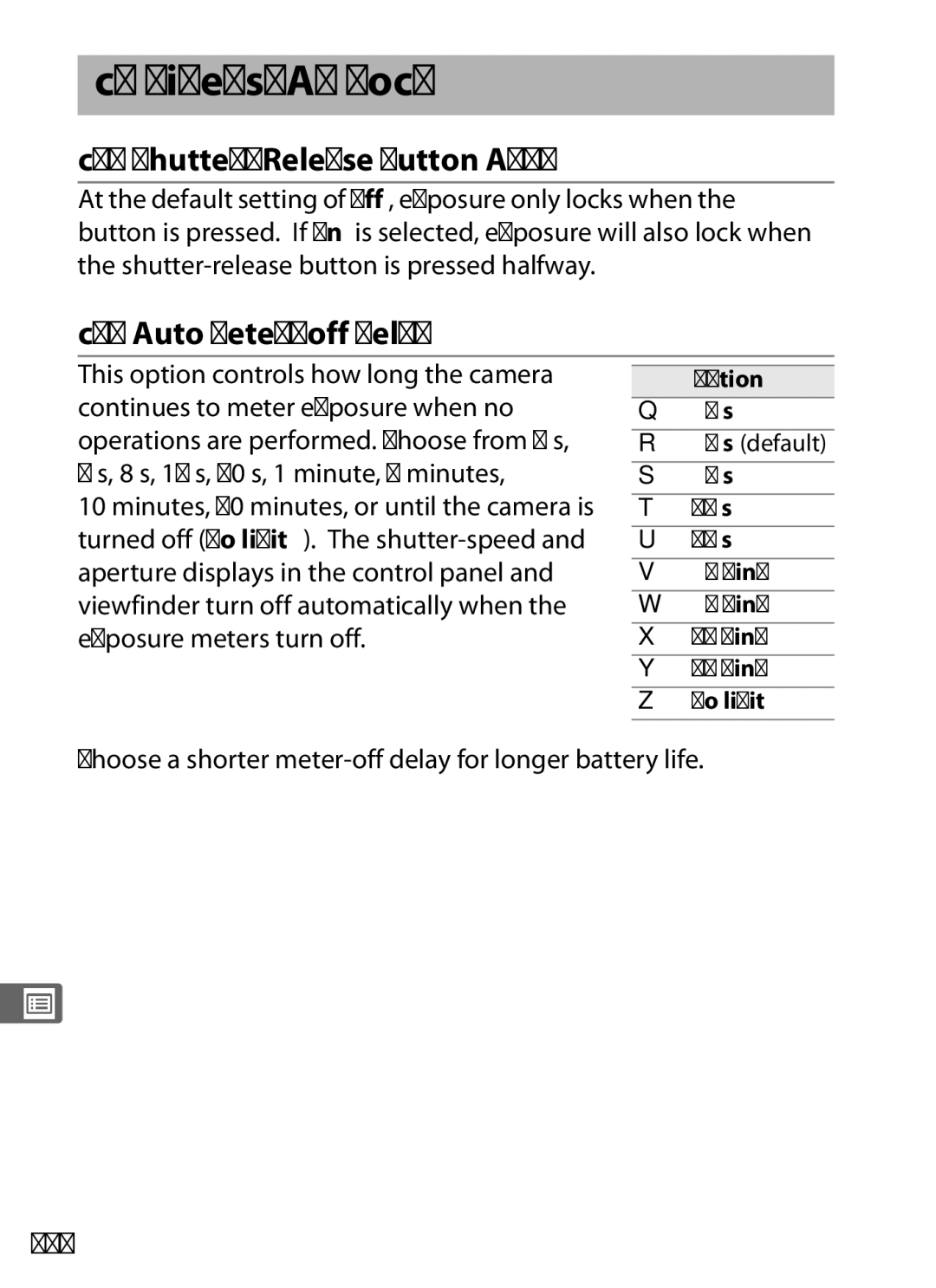 Nikon D700 manual Timers/AE Lock, C1 Shutter-Release Button AE-L, C2 Auto Meter-off Delay, 296 