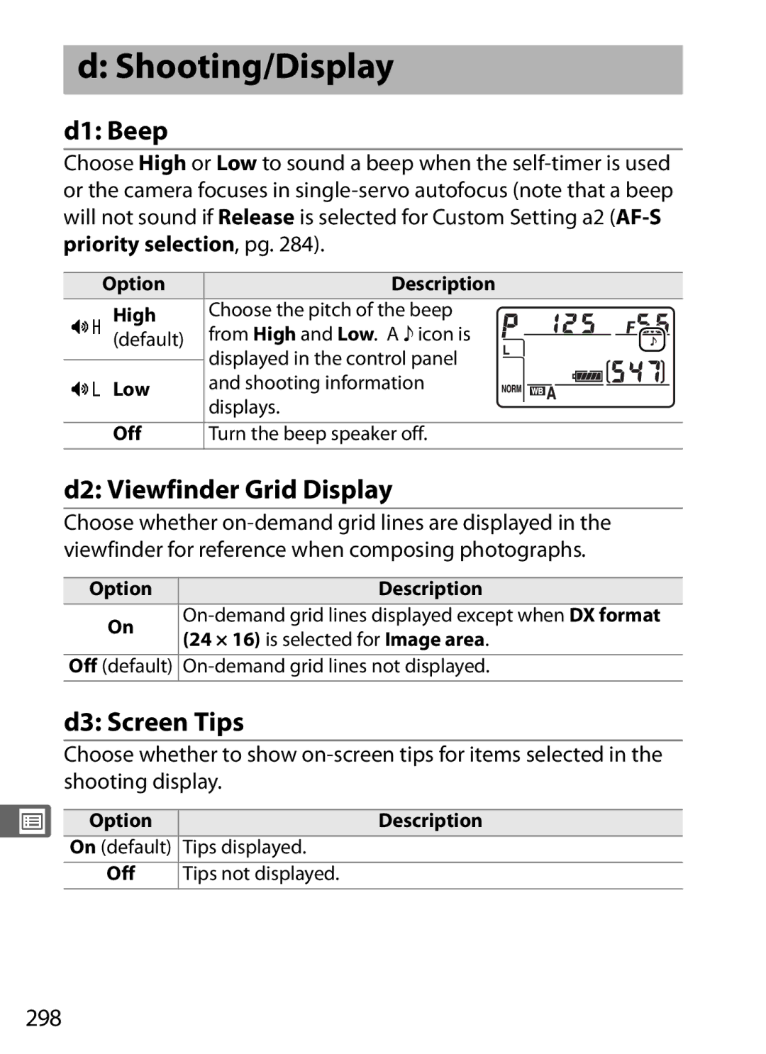 Nikon D700 manual Shooting/Display, D1 Beep, D2 Viewfinder Grid Display, D3 Screen Tips, 298 