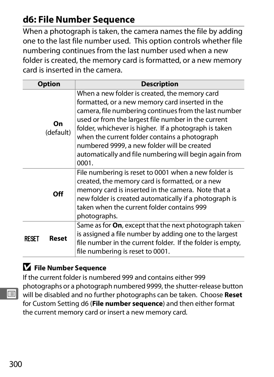 Nikon D700 manual D6 File Number Sequence, 300, Reset 