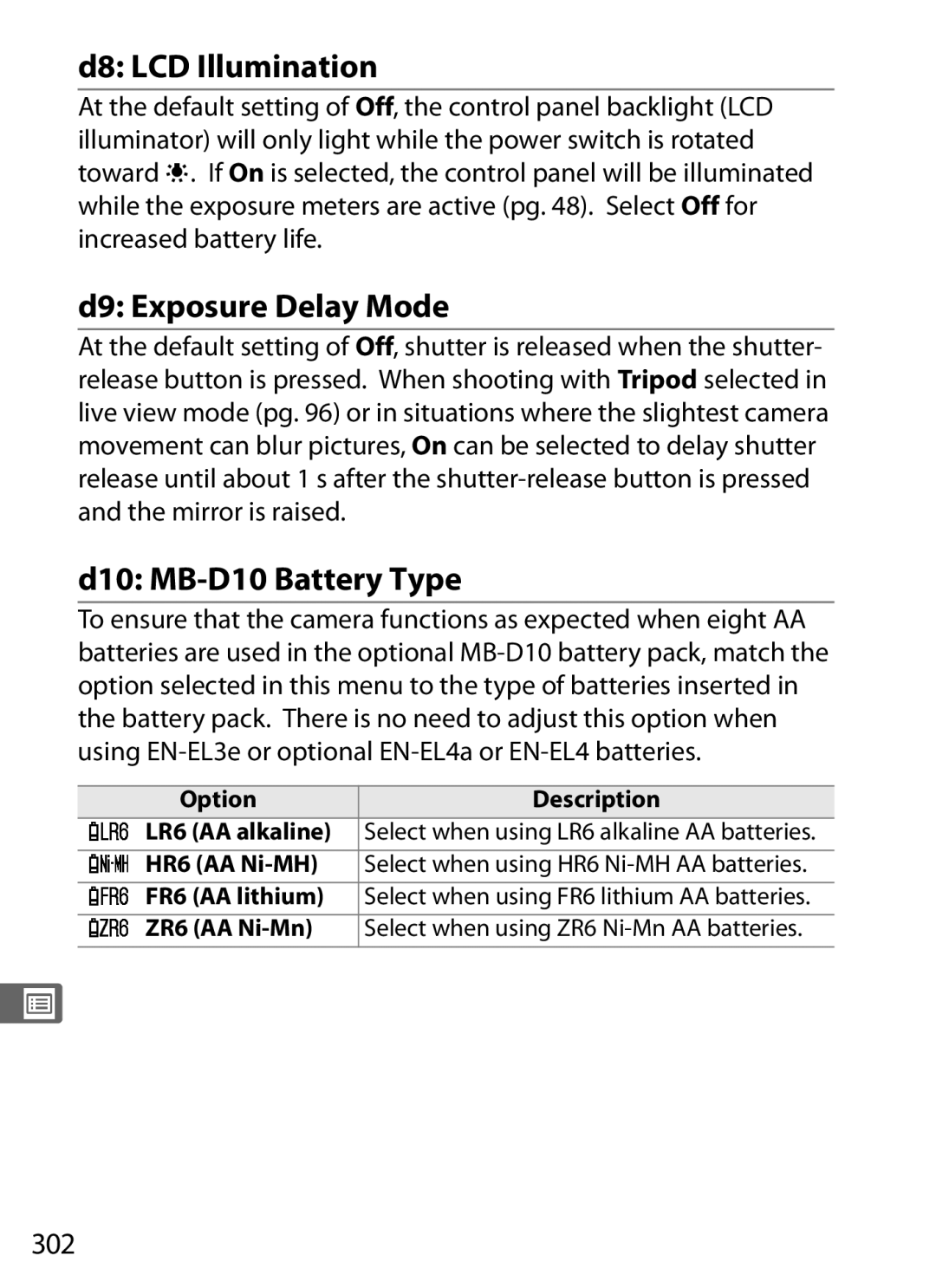 Nikon D700 manual D8 LCD Illumination, D9 Exposure Delay Mode, D10 MB-D10 Battery Type, 302 