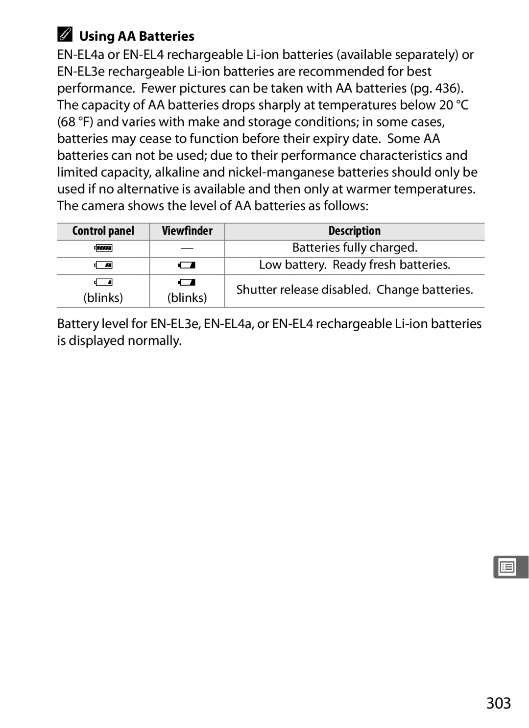 Nikon D700 manual 303, Using AA Batteries, Blinks 