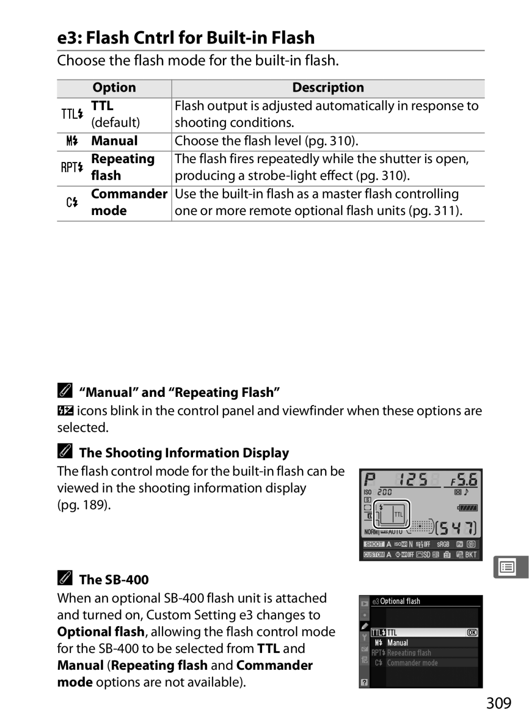 Nikon D700 manual E3 Flash Cntrl for Built-in Flash, 309, Choose the flash mode for the built-in flash 