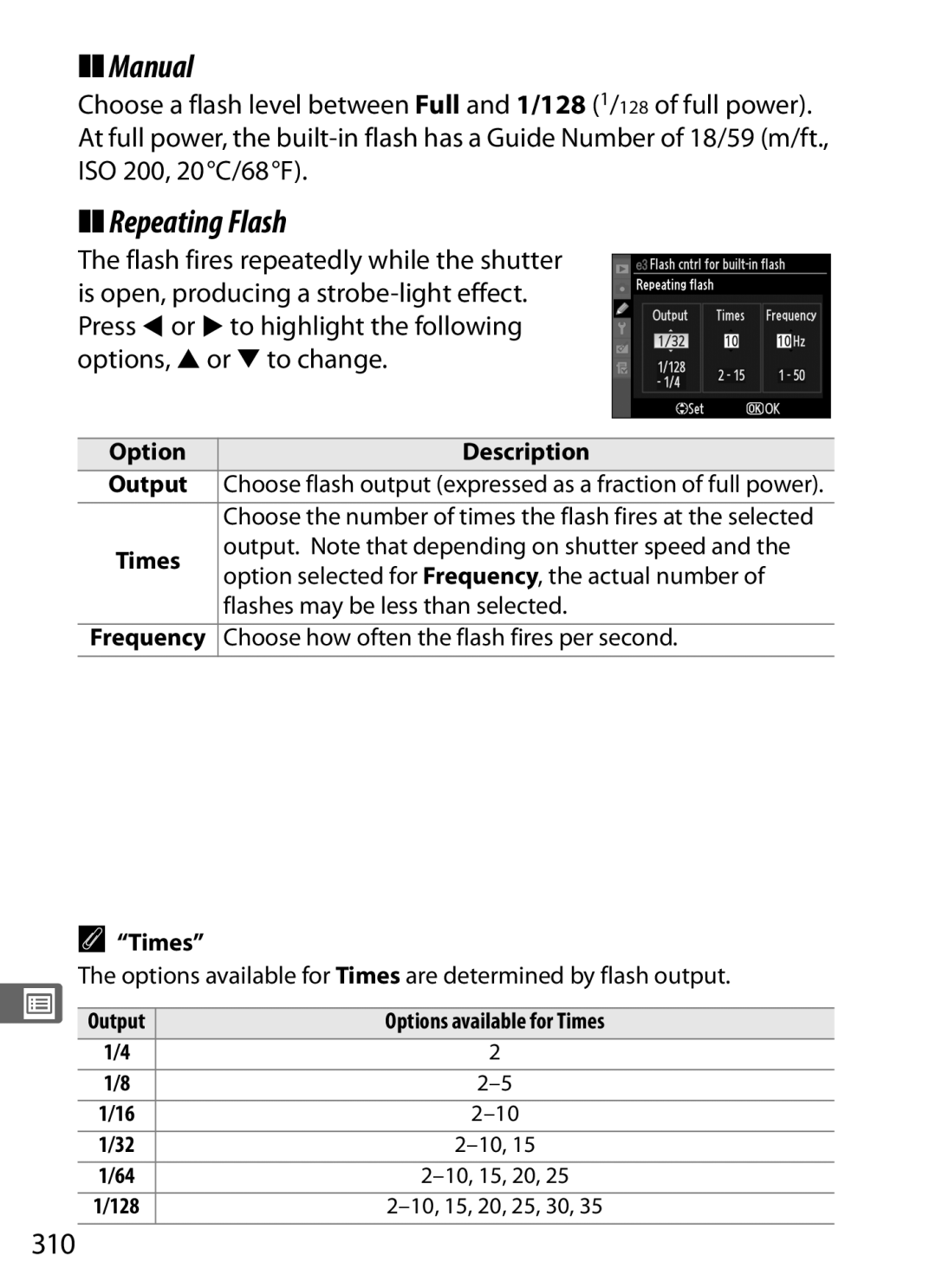 Nikon D700 manual Manual, Repeating Flash, 310, Option Description Output, Times 