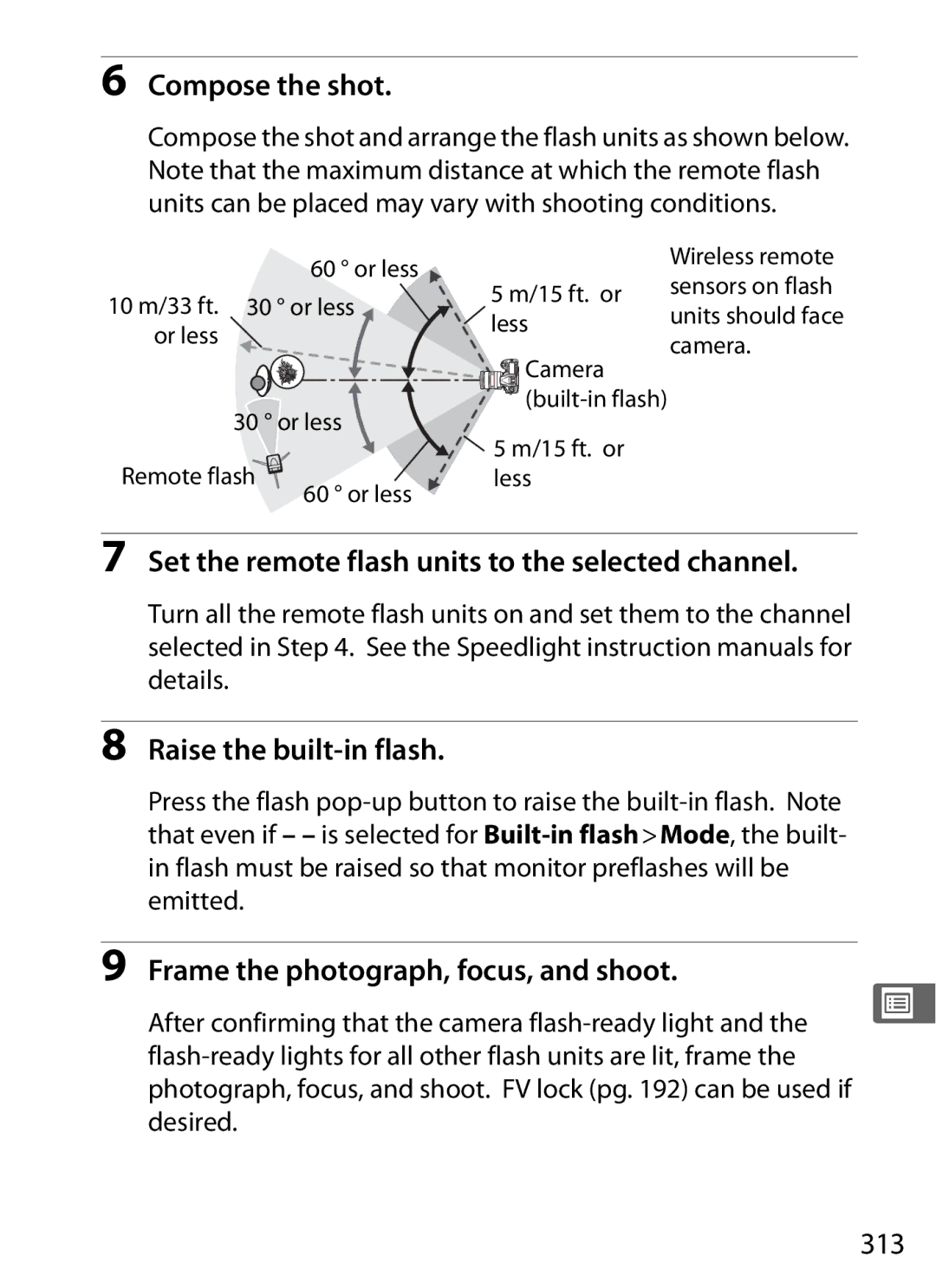 Nikon D700 manual Compose the shot, Raise the built-in flash, Frame the photograph, focus, and shoot, 313 