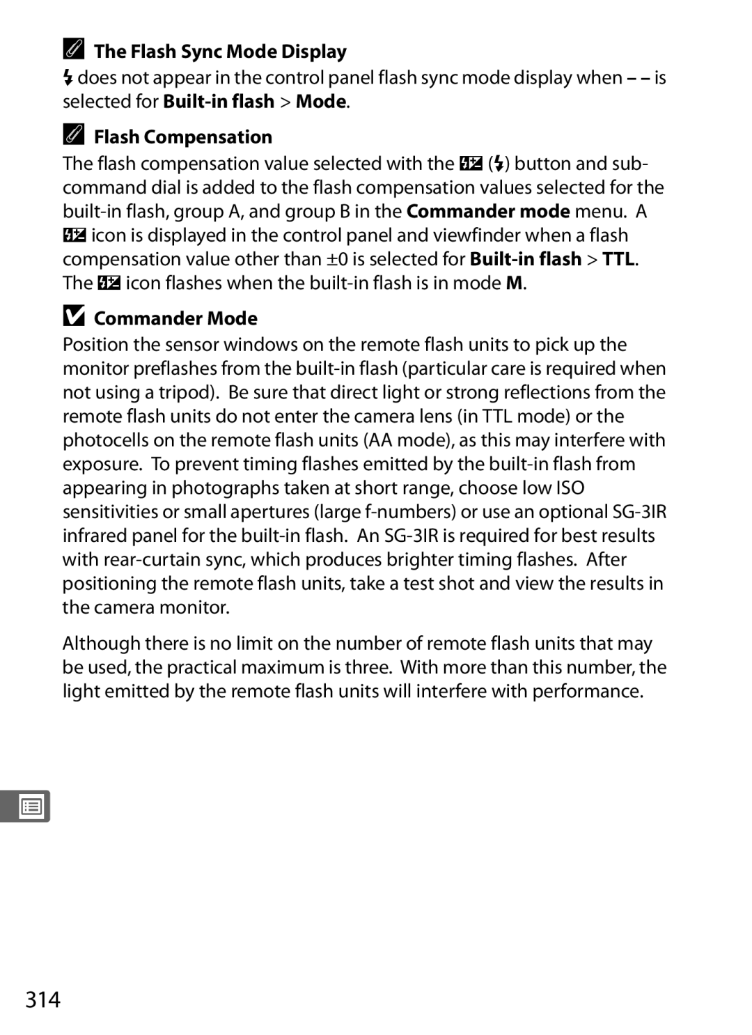 Nikon D700 manual 314, Flash Sync Mode Display, Yicon flashes when the built-in flash is in mode M, Commander Mode 