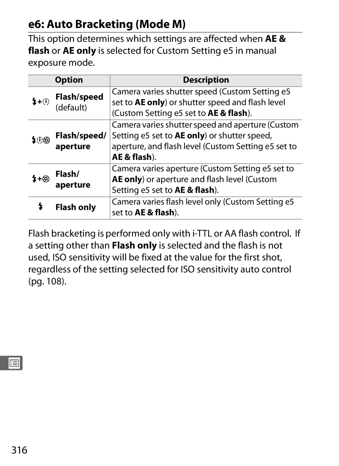 Nikon D700 manual E6 Auto Bracketing Mode M, 316, Exposure mode 