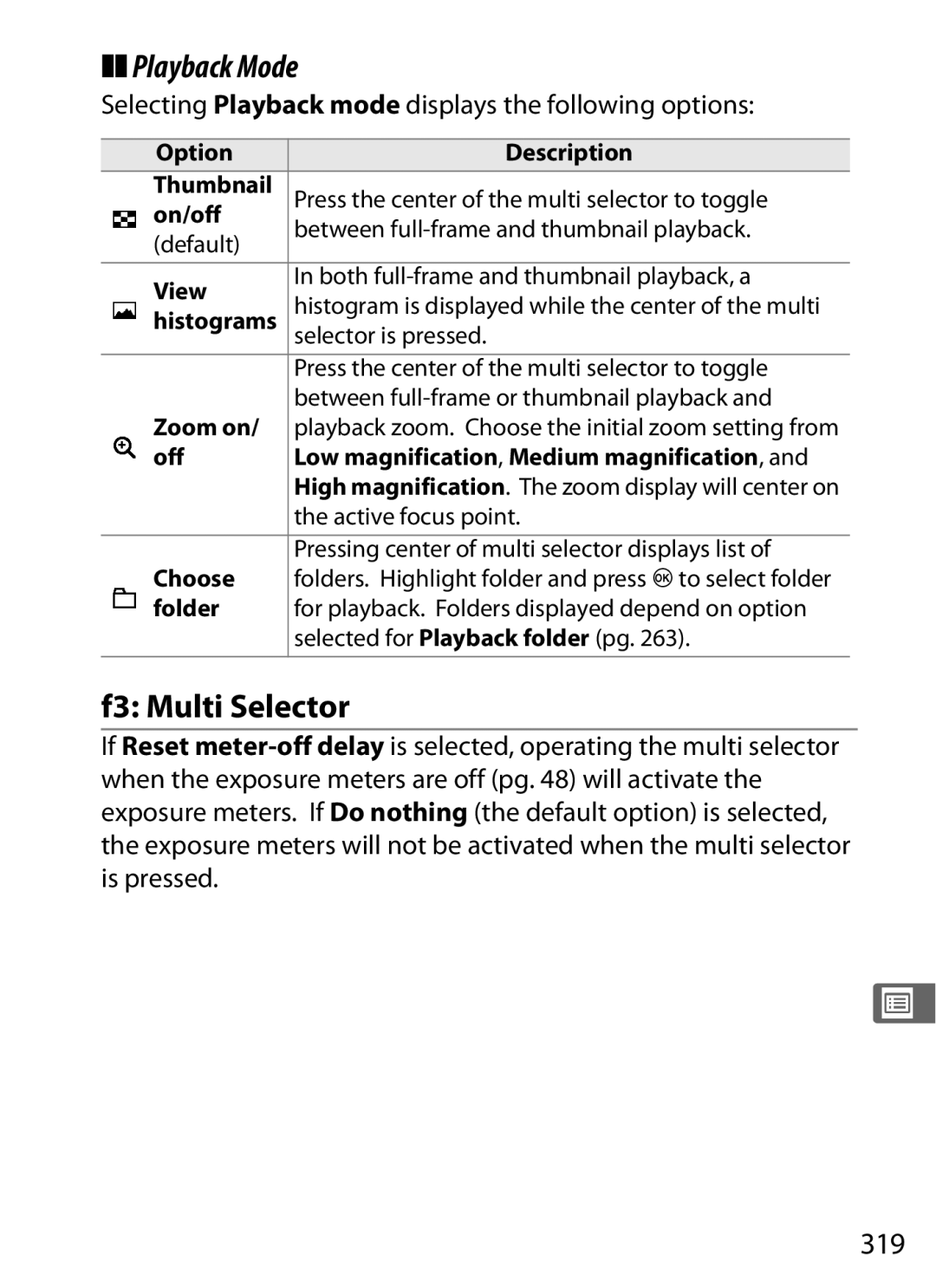 Nikon D700 manual Playback Mode, F3 Multi Selector, 319, Selecting Playback mode displays the following options 