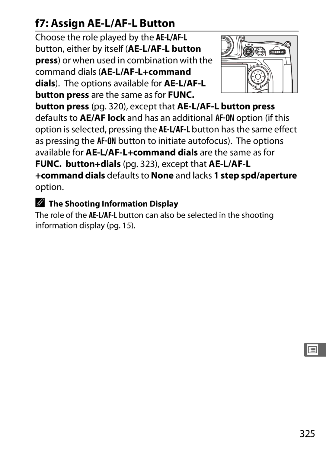 Nikon D700 manual F7 Assign AE-L/AF-L Button, 325, Option 