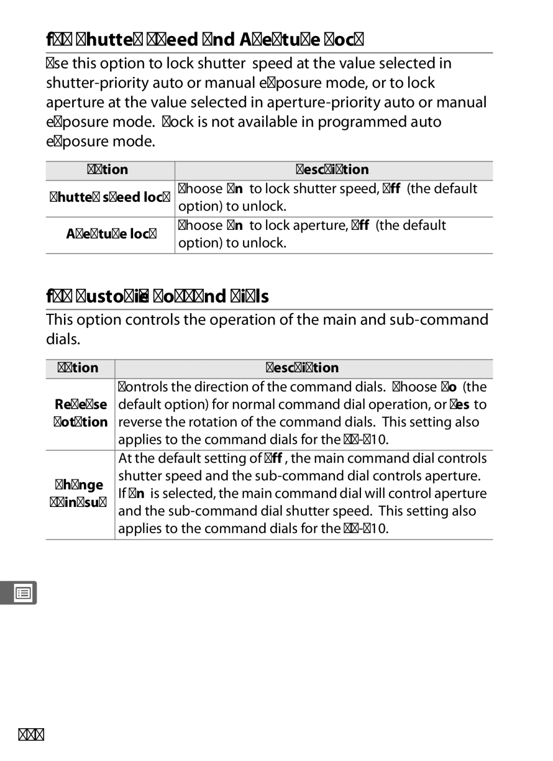 Nikon D700 manual F8 Shutter Speed and Aperture Lock, F9 Customize Command Dials, 326, Rotation 