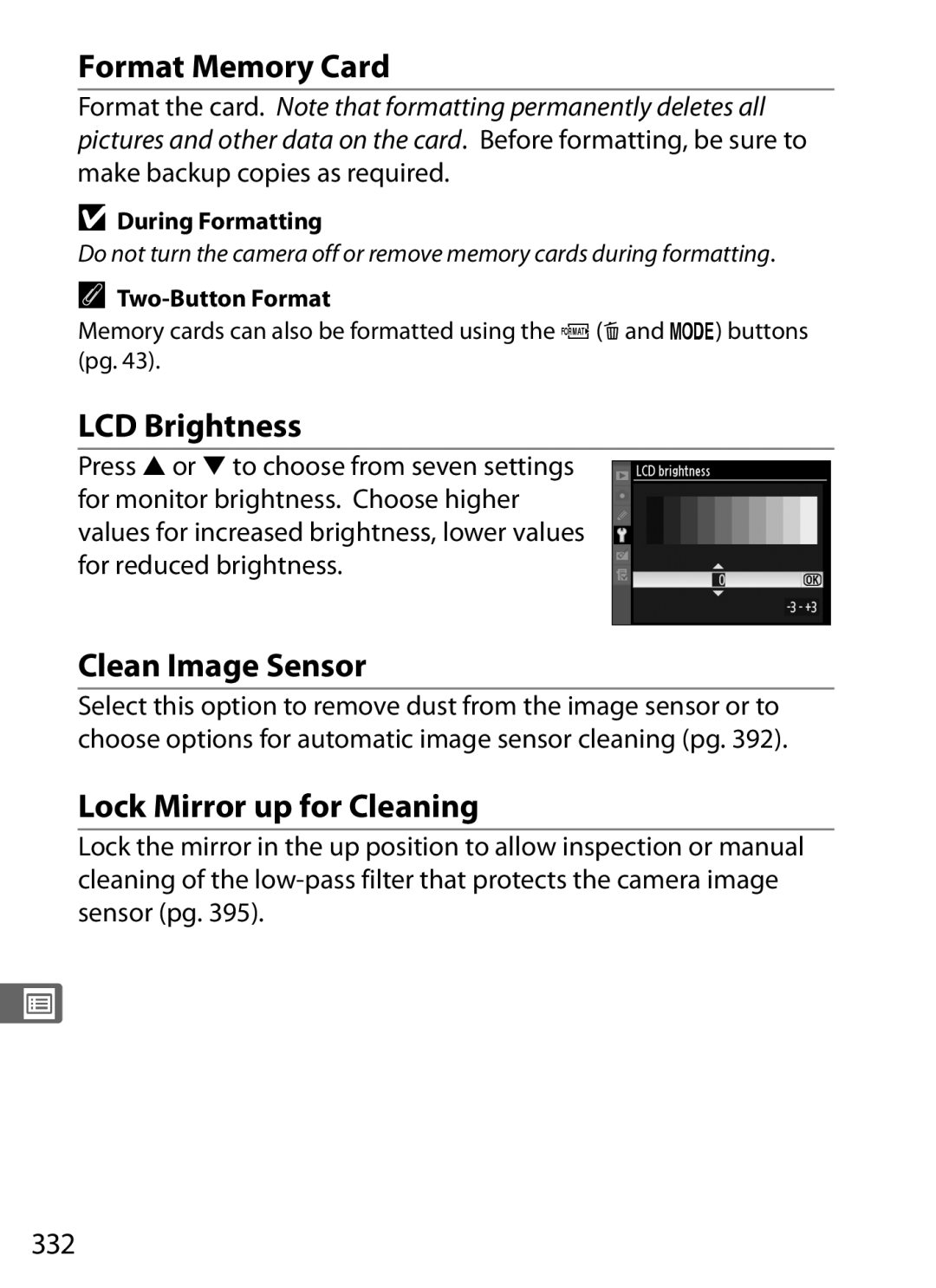 Nikon D700 manual Format Memory Card, LCD Brightness, Clean Image Sensor, Lock Mirror up for Cleaning, 332 