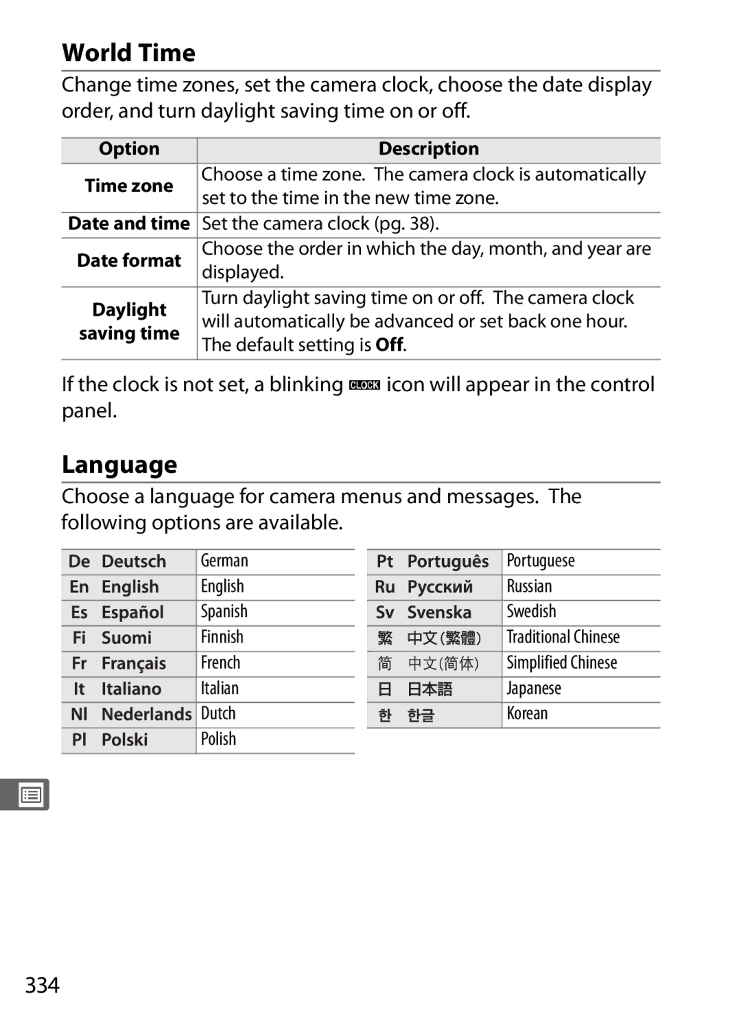 Nikon D700 manual World Time, Language, 334, Daylight 