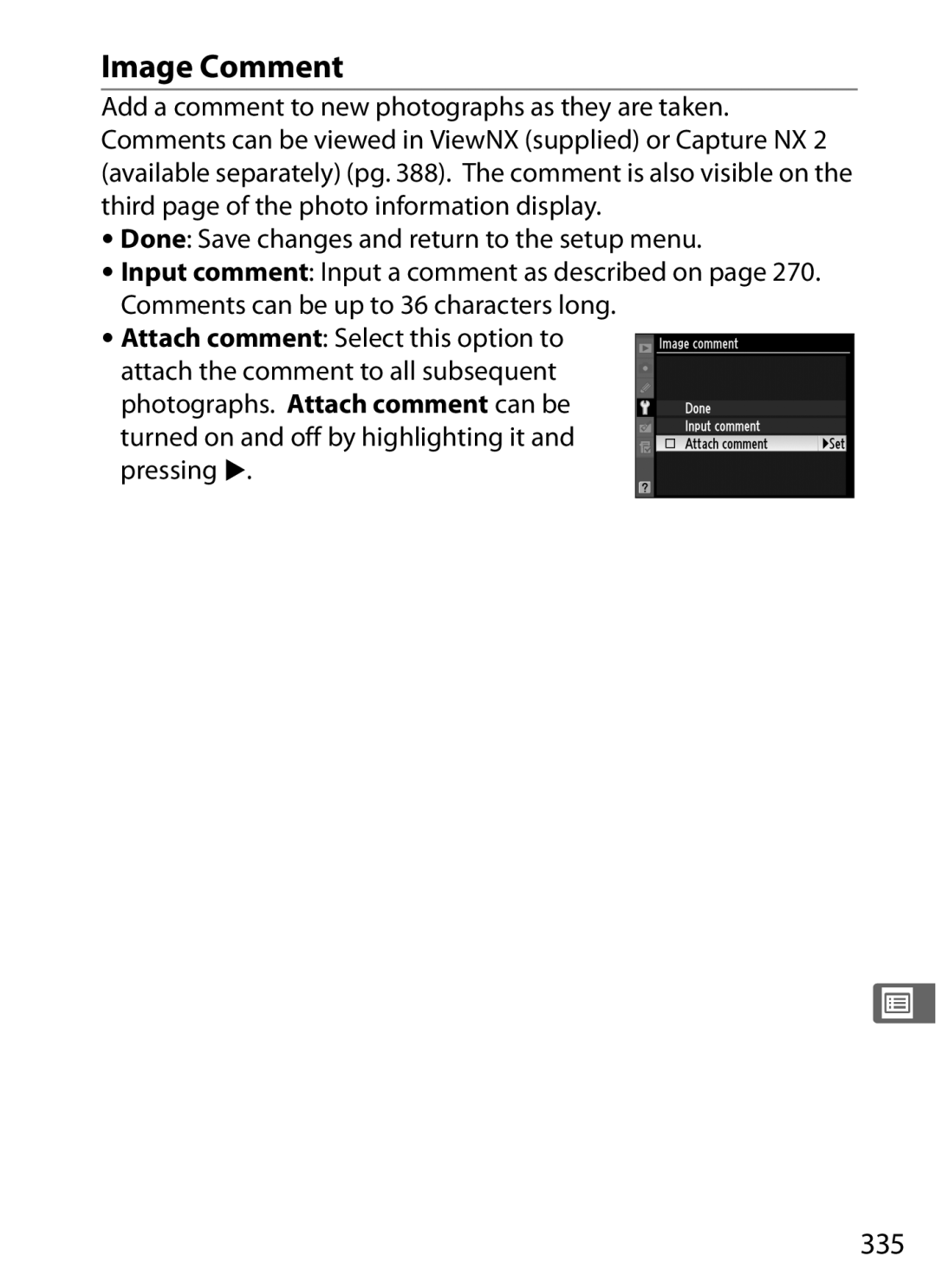 Nikon D700 manual Image Comment, 335 