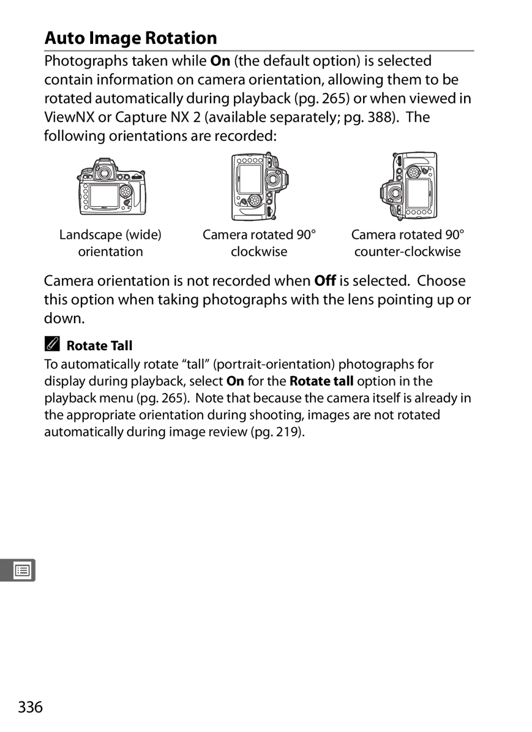 Nikon D700 manual Auto Image Rotation, 336 