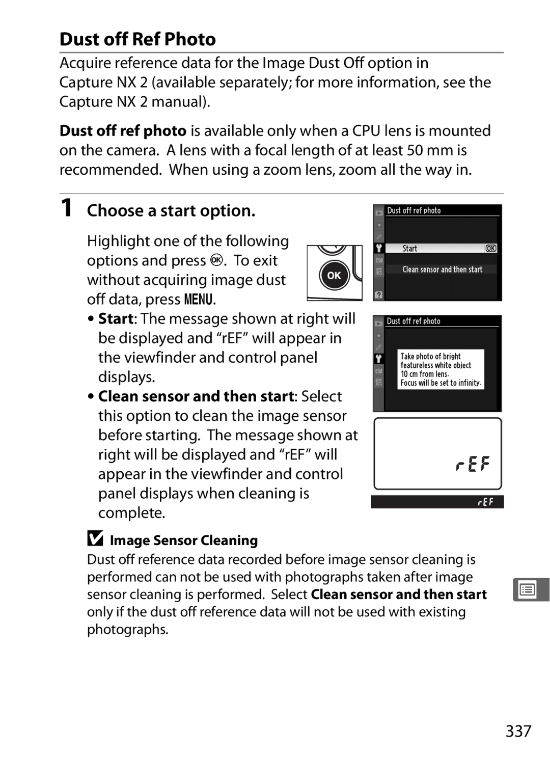 Nikon D700 manual Dust off Ref Photo, Choose a start option, 337, Image Sensor Cleaning 