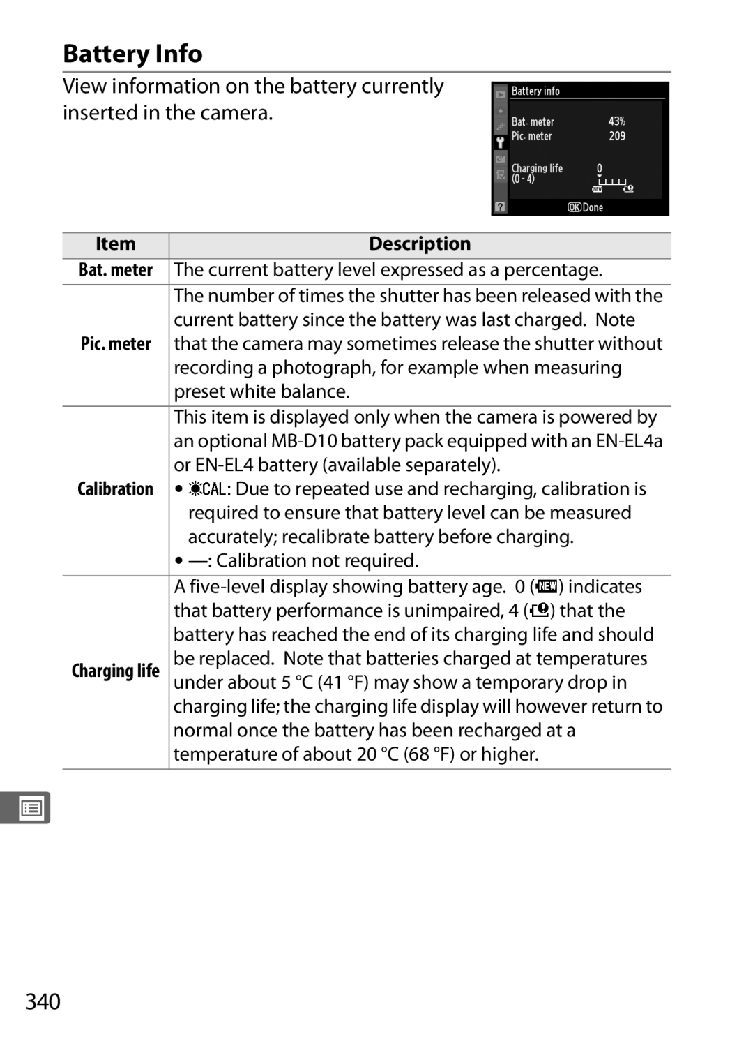 Nikon D700 manual Battery Info, 340 