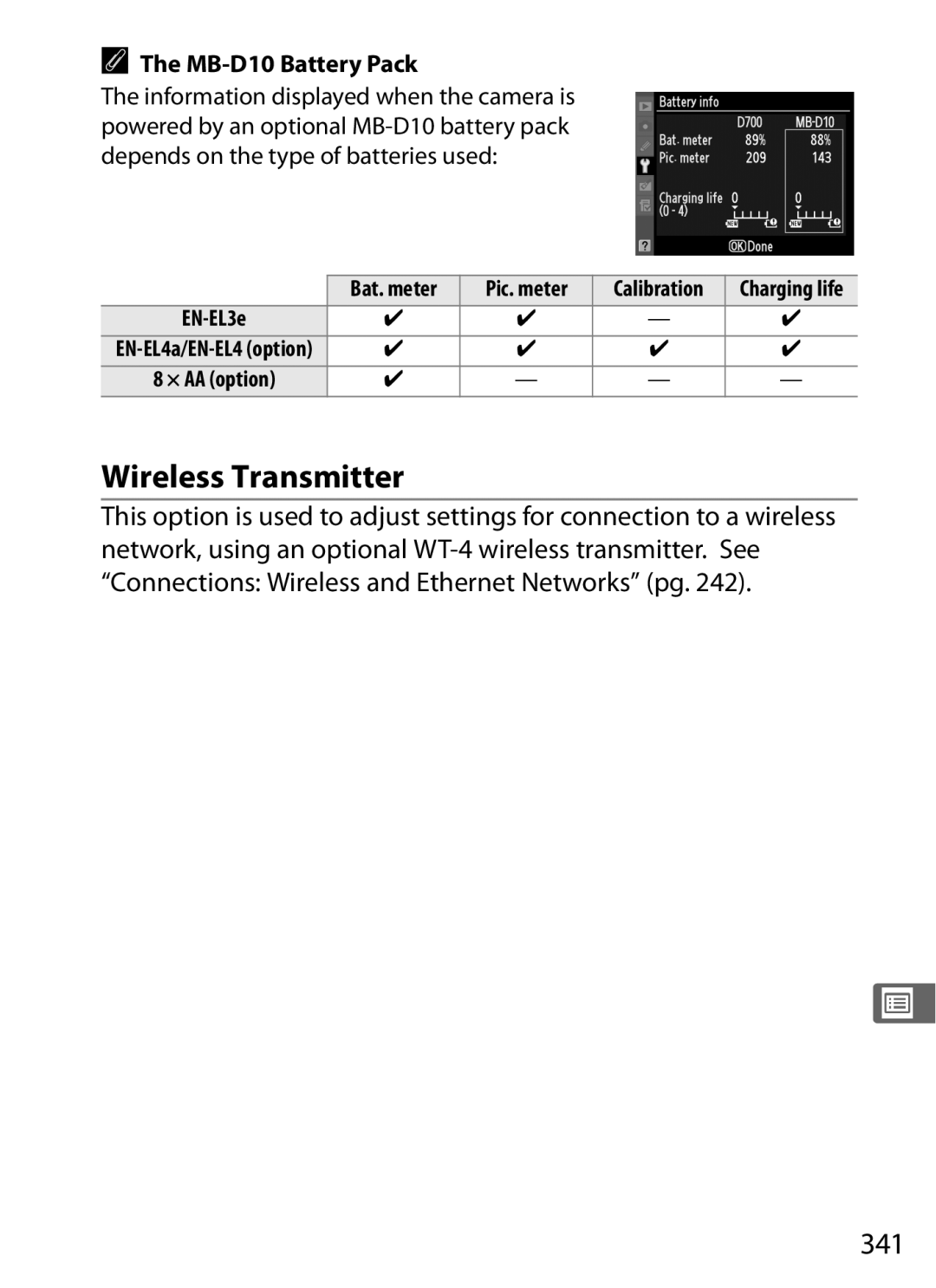 Nikon D700 manual Wireless Transmitter, 341 