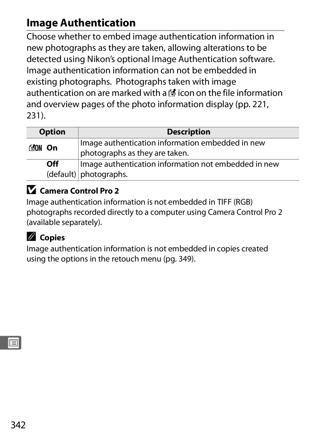 Nikon D700 manual Image Authentication, 342, Copies 