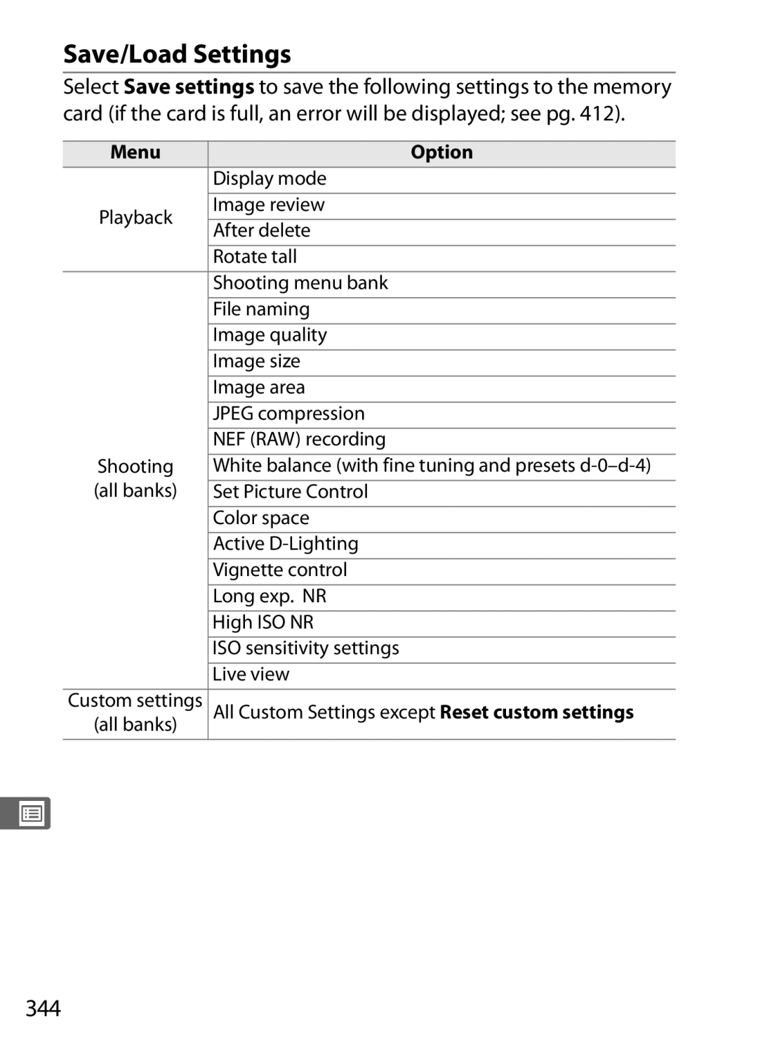 Nikon D700 manual Save/Load Settings, 344 