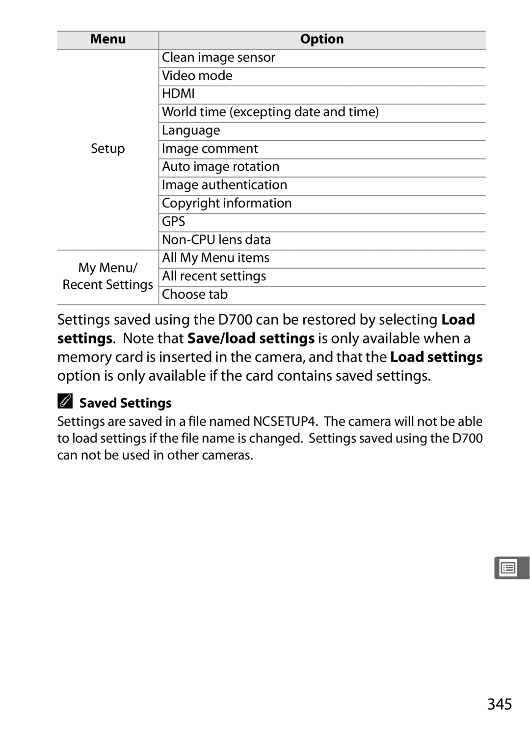 Nikon D700 manual 345, Menu Option, Saved Settings 