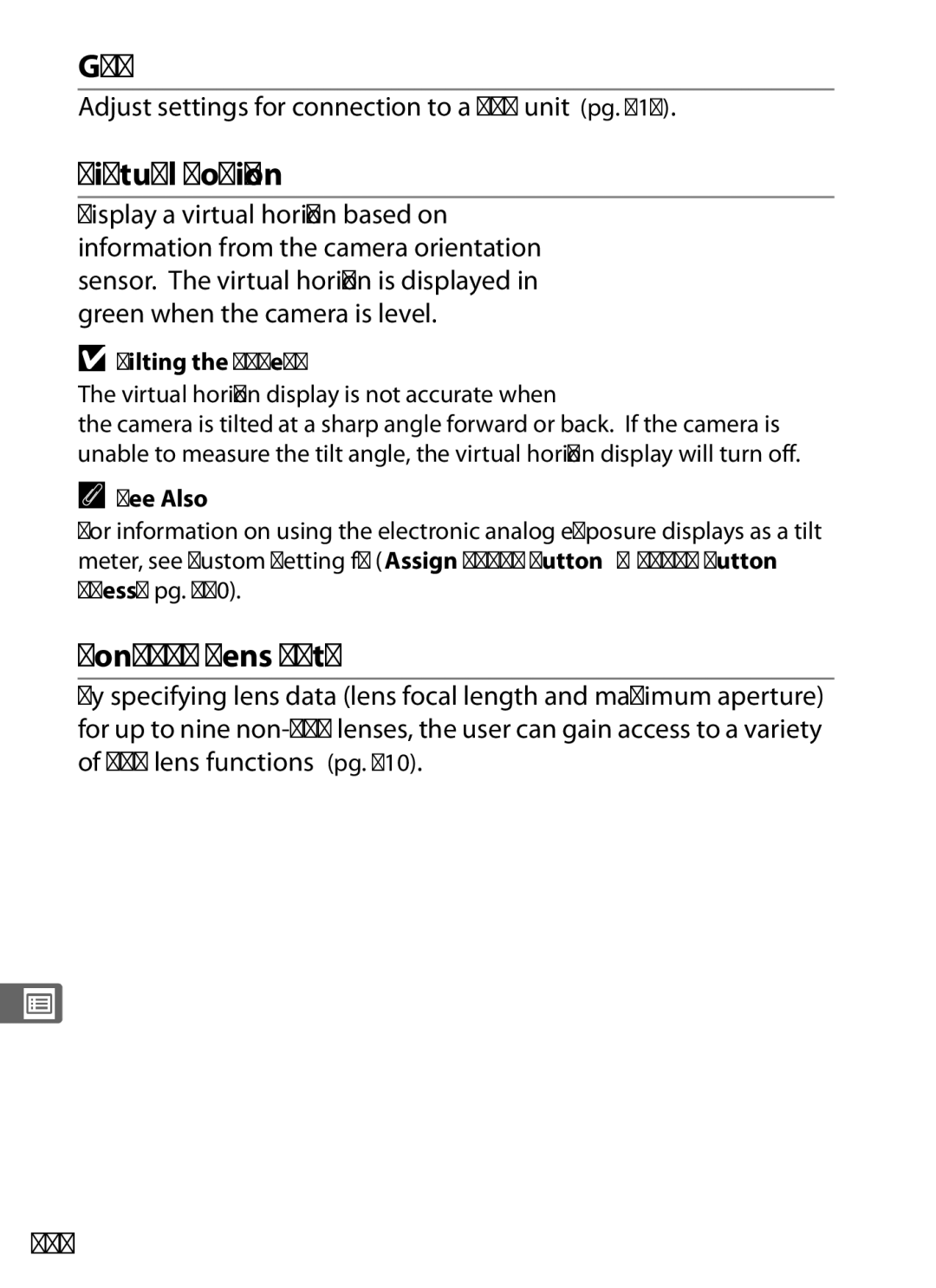 Nikon D700 Virtual Horizon, Non-CPU Lens Data, 346, Adjust settings for connection to a GPS unit pg, Tilting the Camera 