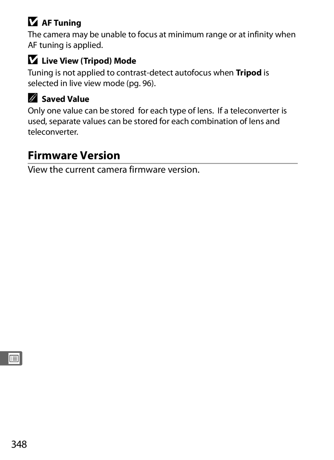 Nikon D700 manual Firmware Version, 348, View the current camera firmware version 