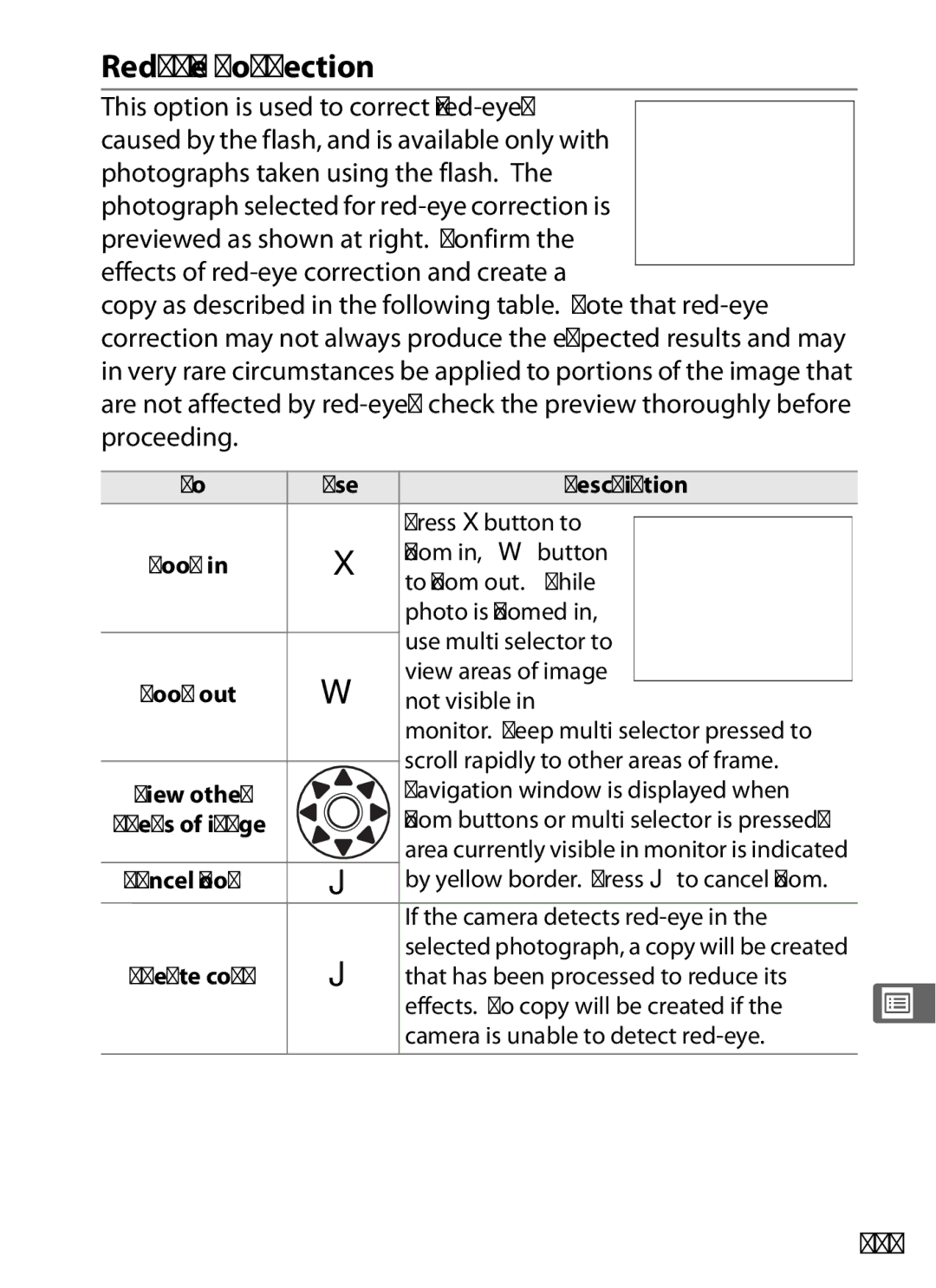 Nikon D700 Red-Eye Correction, 355, Press Xbutton to, Navigation window is displayed when, If the camera detects red-eye 