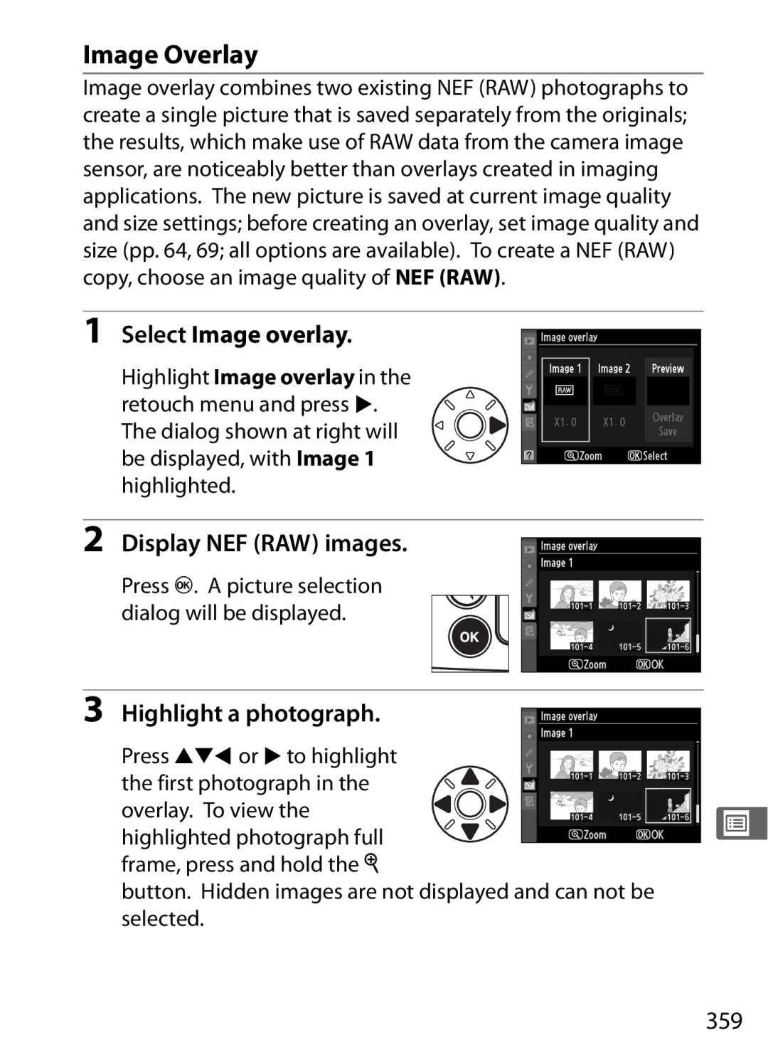 Nikon D700 manual Image Overlay, Select Image overlay, Display NEF RAW images, Highlight a photograph, 359 