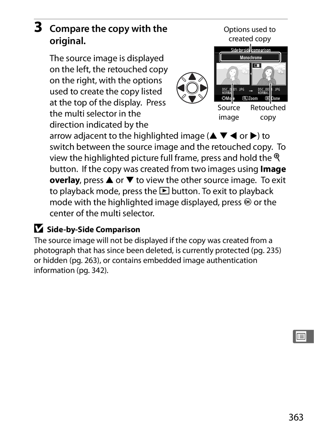 Nikon D700 manual Compare the copy with the original, 363, Direction indicated by 