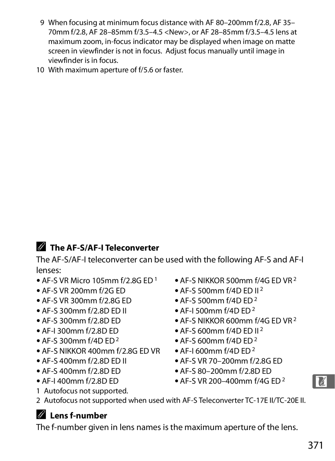 Nikon D700 manual 371, AF-S/AF-I Teleconverter, Lens f-number 