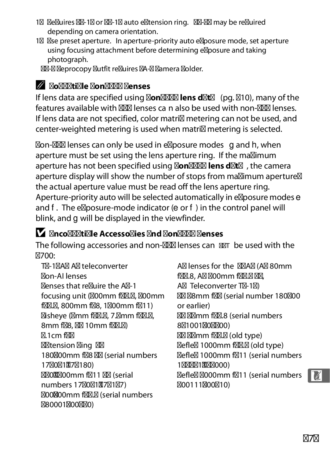 Nikon D700 manual 373, Compatible Non-CPU Lenses, Incompatible Accessories and Non-CPU Lenses 