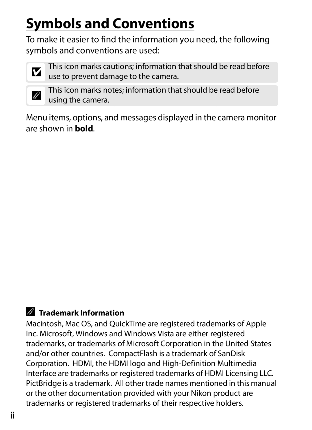 Nikon D700 manual Symbols and Conventions, Trademark Information 