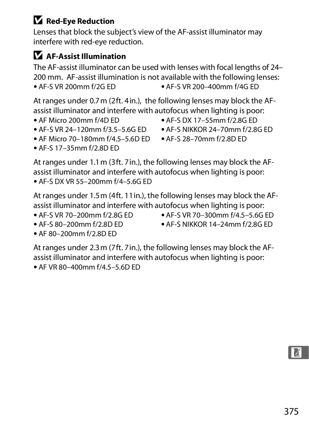 Nikon D700 manual 375, Red-Eye Reduction, AF-Assist Illumination 