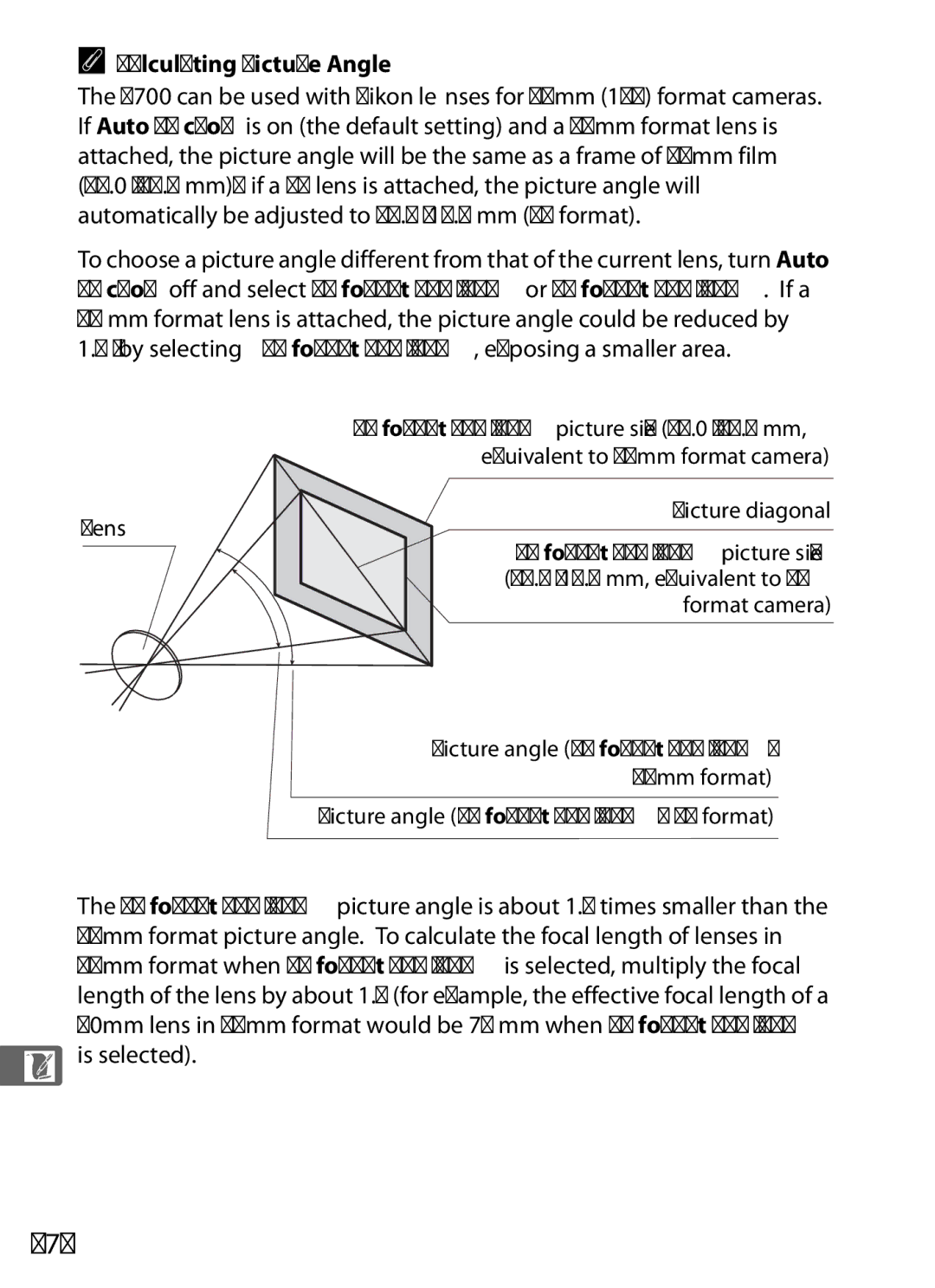 Nikon D700 manual 376, Calculating Picture Angle, Is selected 