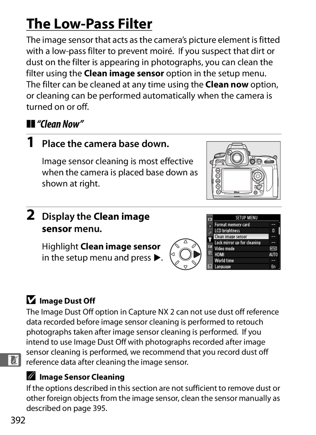 Nikon D700 manual Low-Pass Filter, Clean Now, Place the camera base down, Display the Clean image sensor menu, 392 