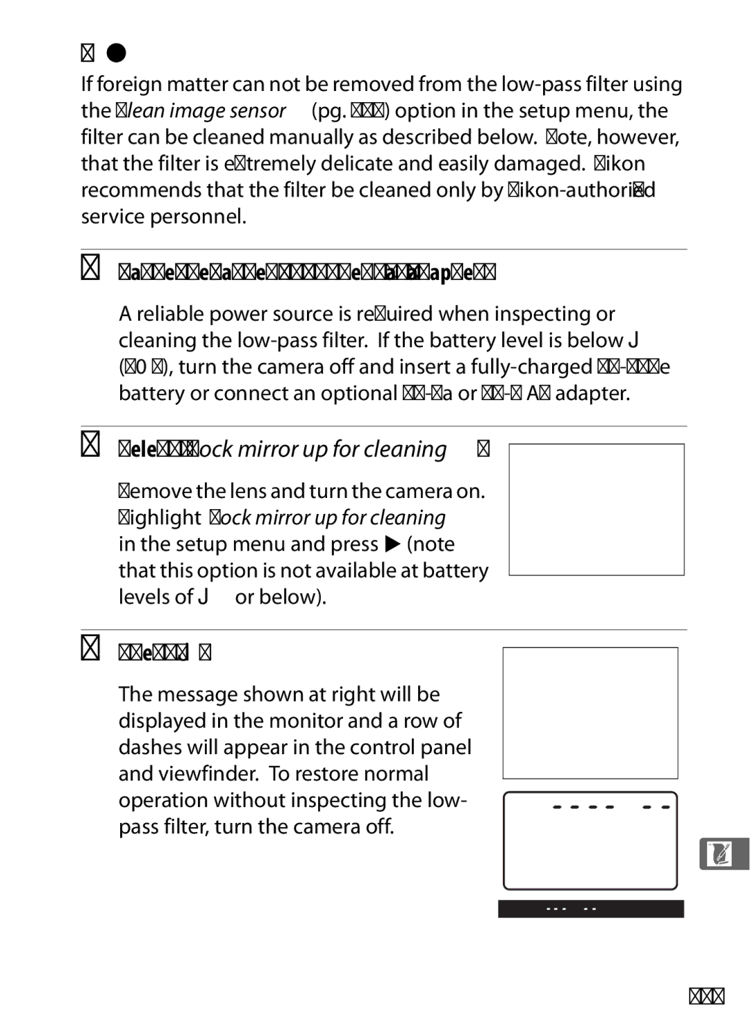 Nikon D700 manual Manual Cleaning, Charge the battery or connect an AC adapter, Select Lock mirror up for cleaning, 395 