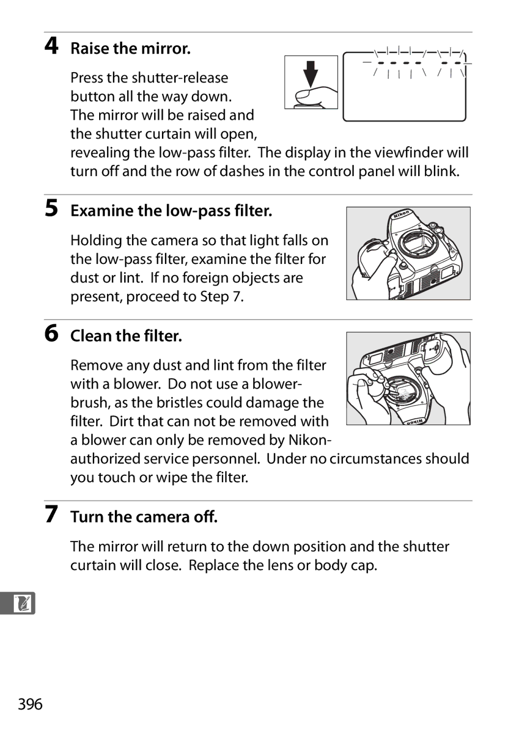 Nikon D700 manual Examine the low-pass filter, Clean the filter, 396, Press the shutter-release button all the way down 