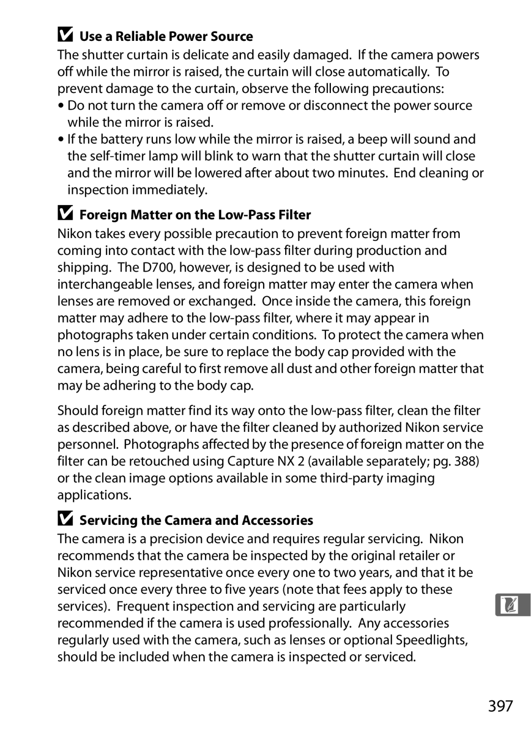 Nikon D700 manual 397, Use a Reliable Power Source, Foreign Matter on the Low-Pass Filter 