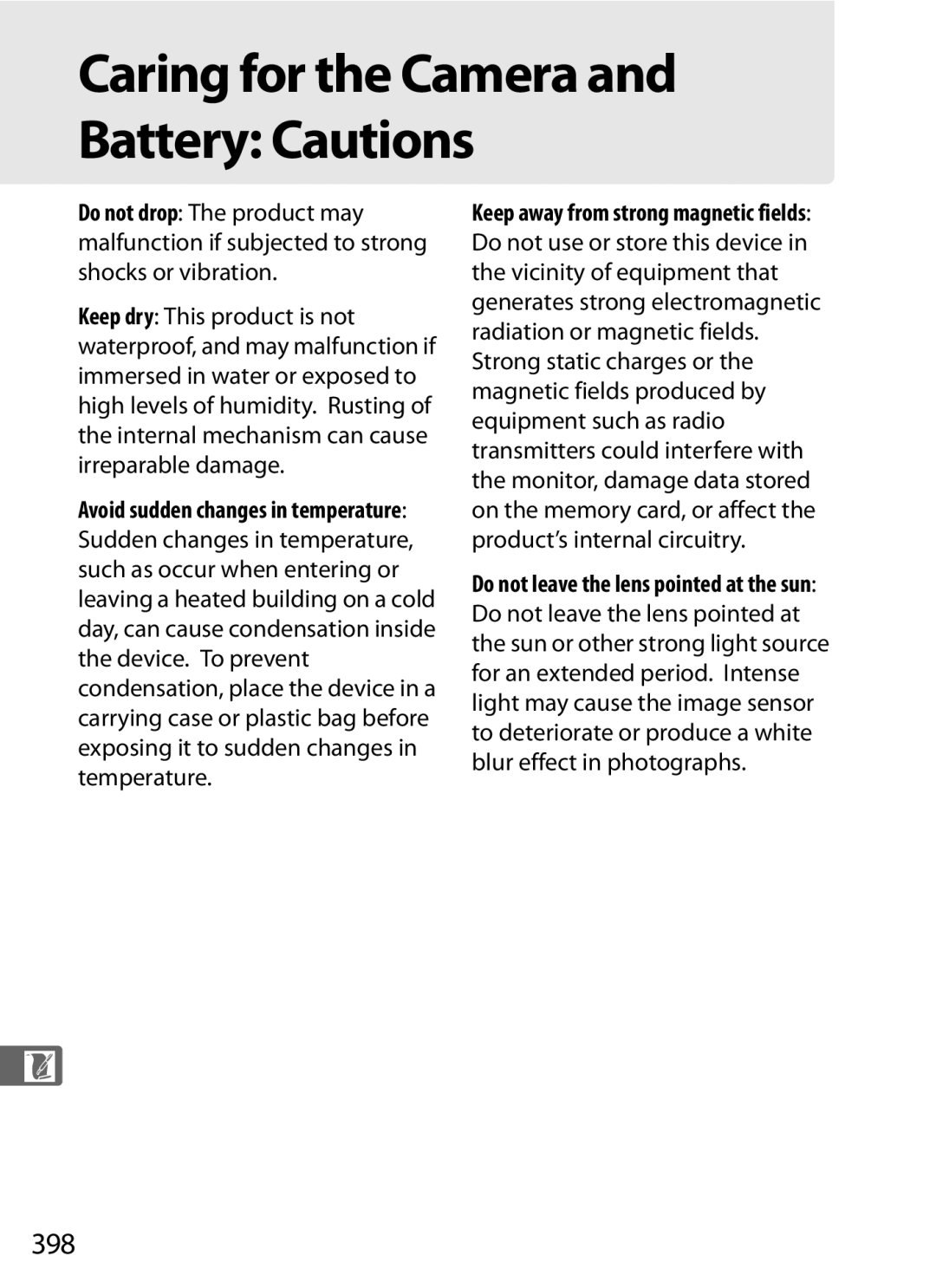 Nikon D700 manual Caring for the Camera and Battery Cautions, 398 