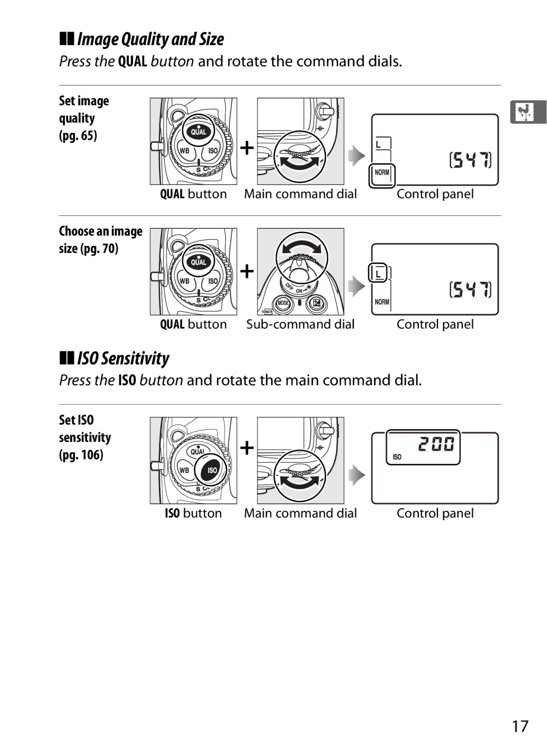 Nikon D700 manual Image Quality and Size, ISO Sensitivity, Press the Qual button and rotate the command dials 