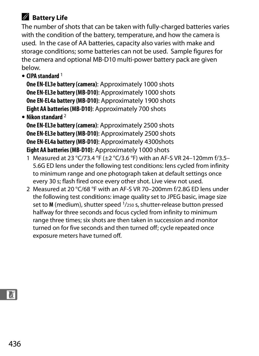 Nikon D700 manual 436, Battery Life 