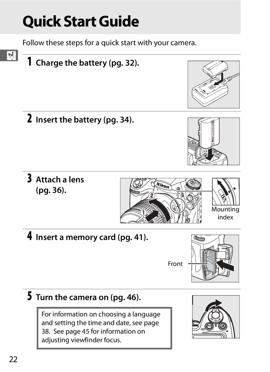 Nikon D700 Quick Start Guide, Charge the battery pg Insert the battery pg, Insert a memory card pg, Turn the camera on pg 