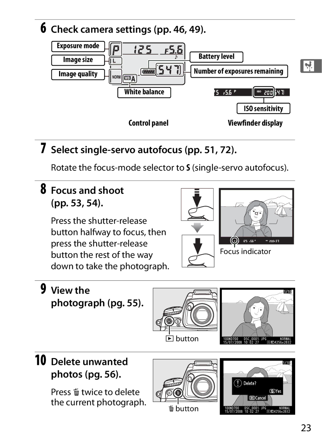 Nikon D700 manual Check camera settings pp, Select single-servo autofocus pp, Press Otwice to delete the current photograph 