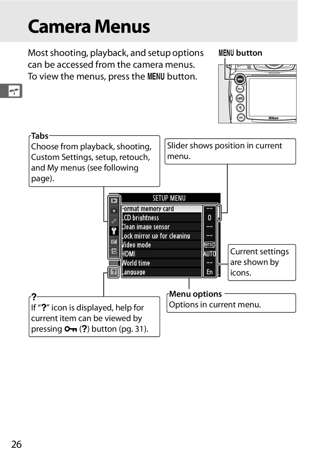 Nikon D700 manual Camera Menus, Tabs, Menu options, Options in current menu 