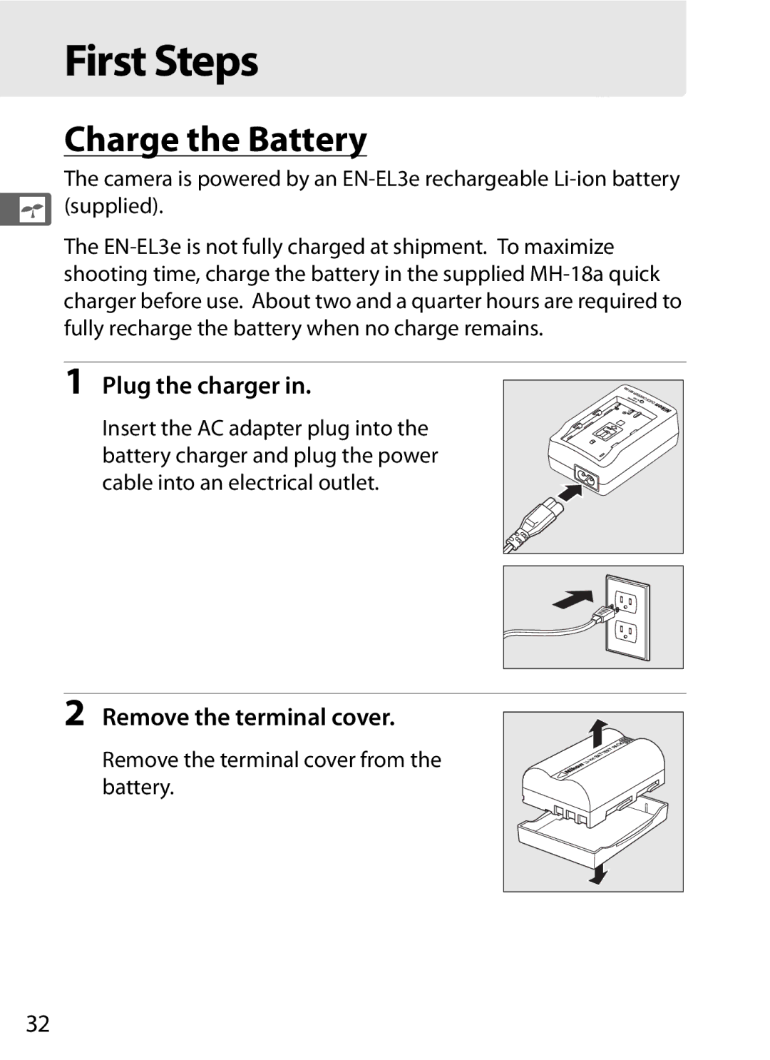 Nikon D700 manual First Steps, Charge the Battery, Plug the charger, Remove the terminal cover 