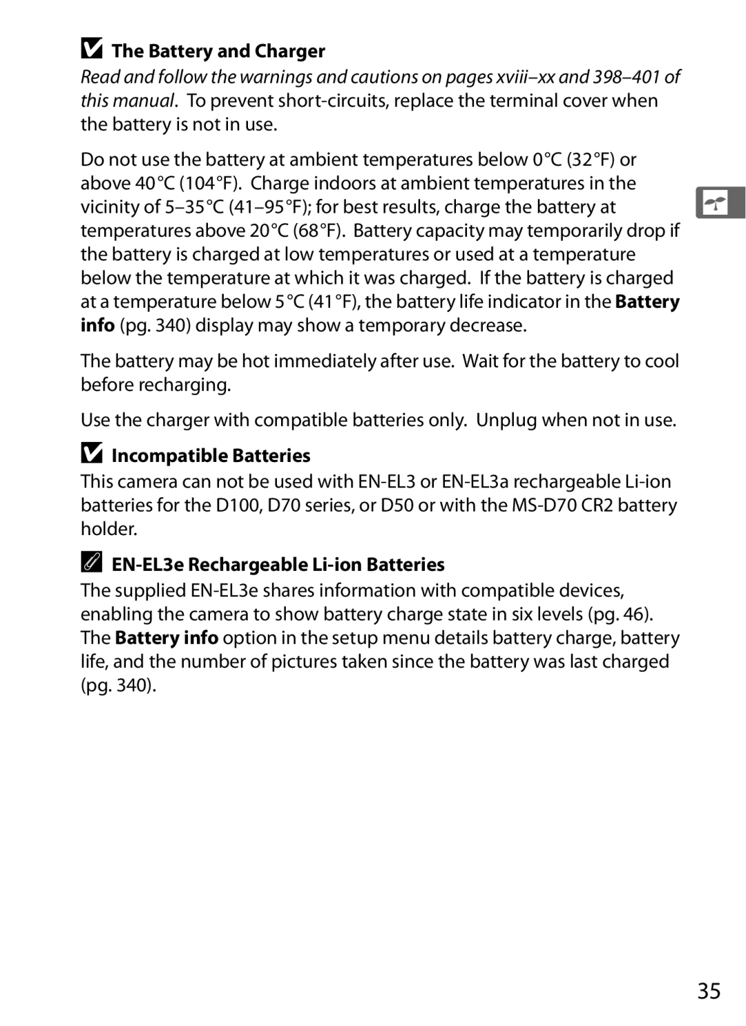 Nikon D700 manual Battery and Charger, Battery is not in use, Incompatible Batteries, EN-EL3e Rechargeable Li-ion Batteries 